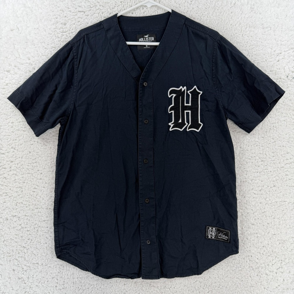 Hollister Shirt Mens Medium Blue Baseball Jersey Short Sleeve Button Up H Patch